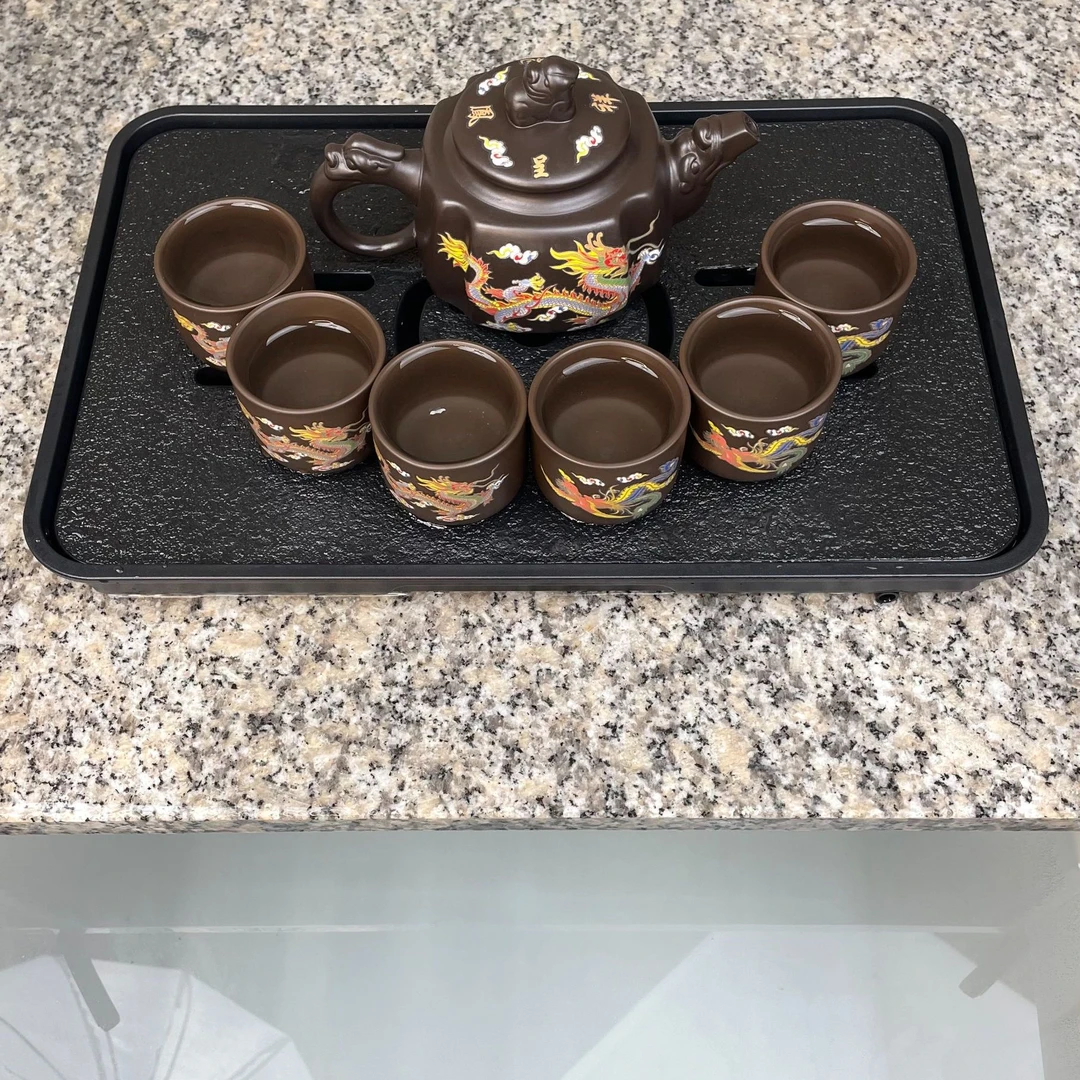 四方龙尊龙凤呈祥一壶六杯变色凤鸣带茶盘八件套