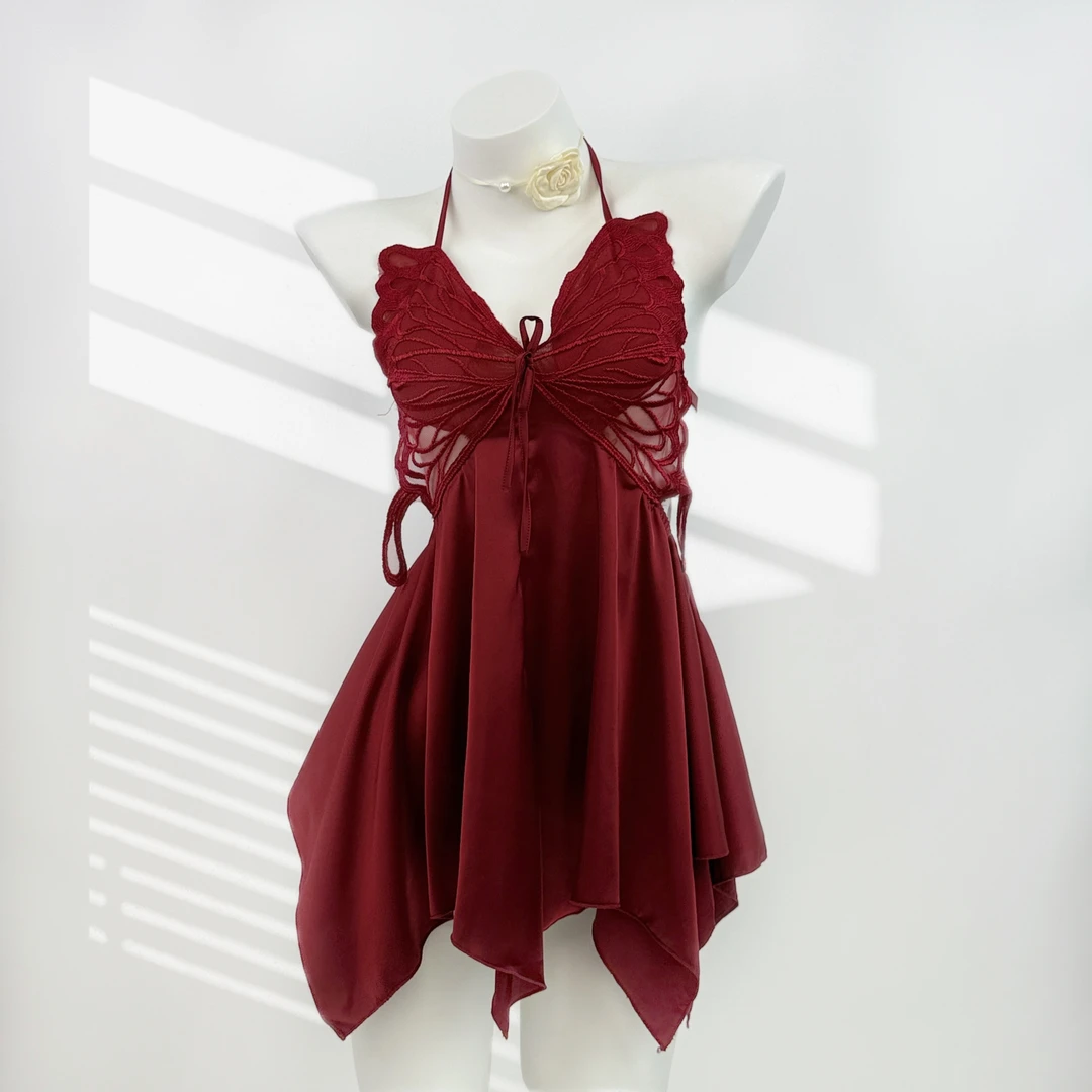 大码胖MM性感露背冰丝蝴蝶睡裙简约舒适带胸垫吊带睡衣女夏季透气