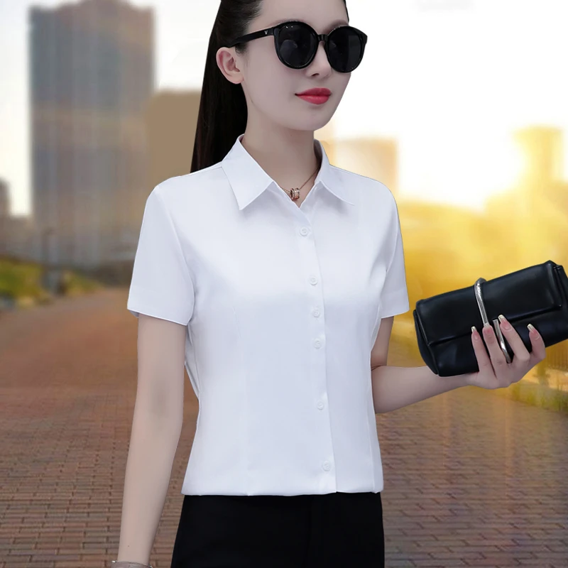 职业衬衫女短袖2025夏季新款韩版修身气质百搭工作服免烫白色衬衣