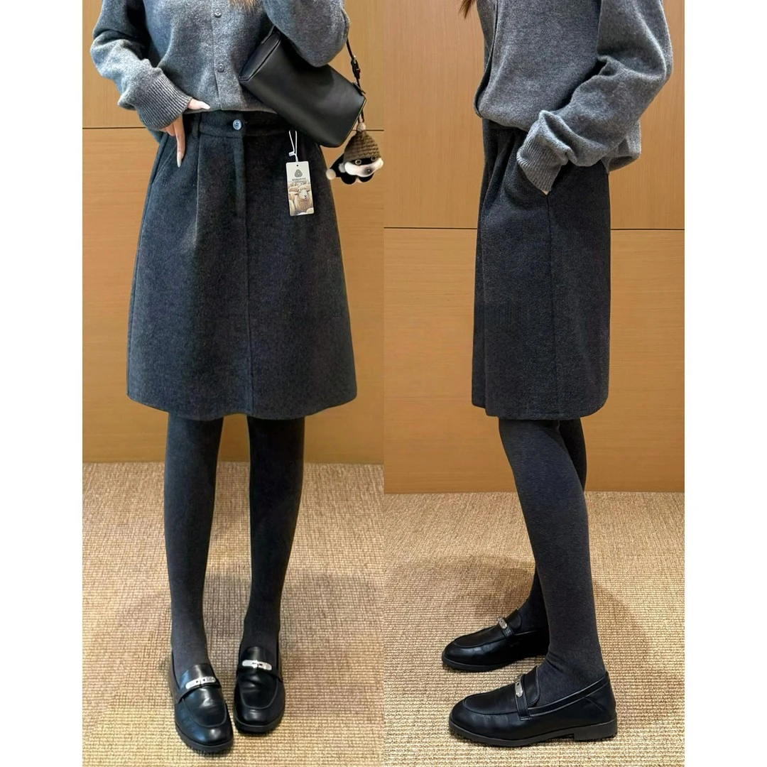 冬季韩系灰色毛呢女高腰显瘦遮肚子半身裙大码梨型身材修身花苞裙