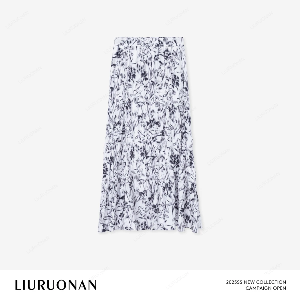 LIURUONAN 25SS【水墨植物裙】手绘印花半身裙女松紧腰压褶长裙