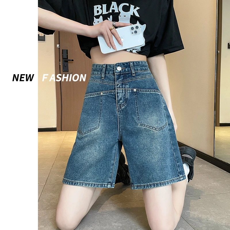 高腰复古五分牛仔短裤女夏季薄款2025新款显瘦宽松直筒阔腿中裤子