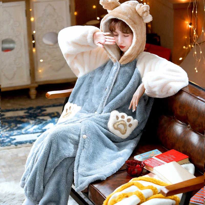 女士可爱睡袍套装法兰绒睡衣秋冬季珊瑚绒加长款加厚浴袍