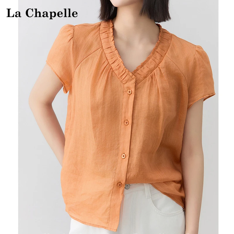 La Chapelle/无货下架夏日百百苎麻重工V领微小飞袖通透小衫女