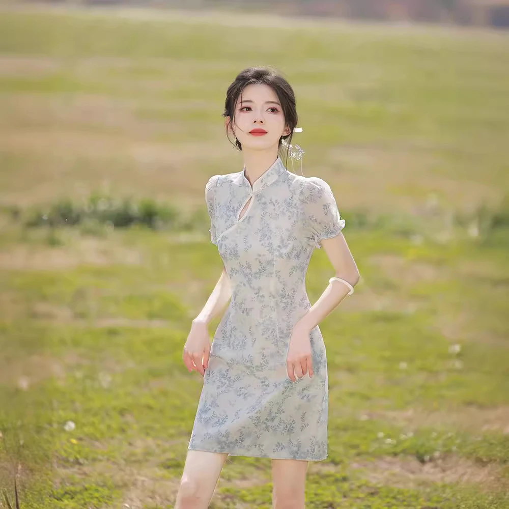 天丝提花改良旗袍女夏季新款年轻款少女高端气质小个子先手连衣裙