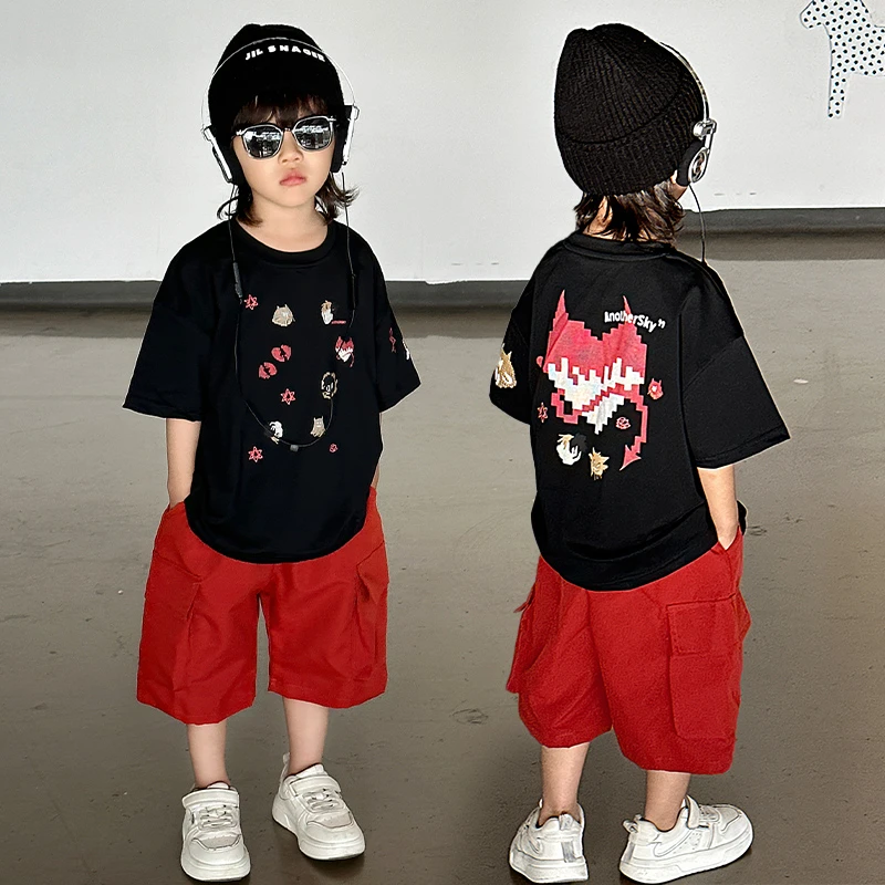 【小恶魔】2025新款男童夏装短袖T恤儿童韩版洋气薄款舒帅气两件套