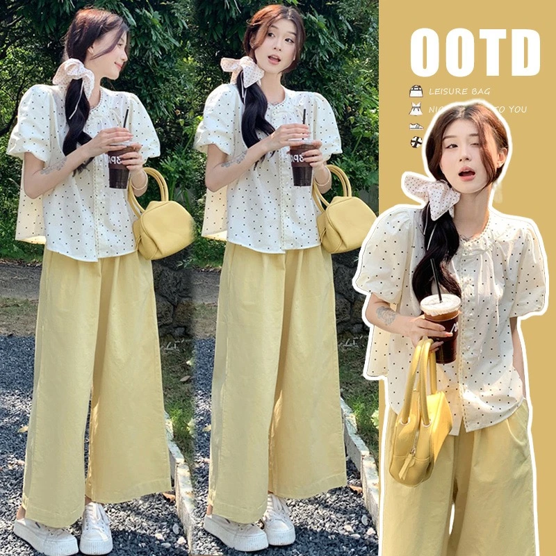 孕妇夏季套装2025新款短袖夏天甜美减龄波点上衣阔腿裤两件套穿搭