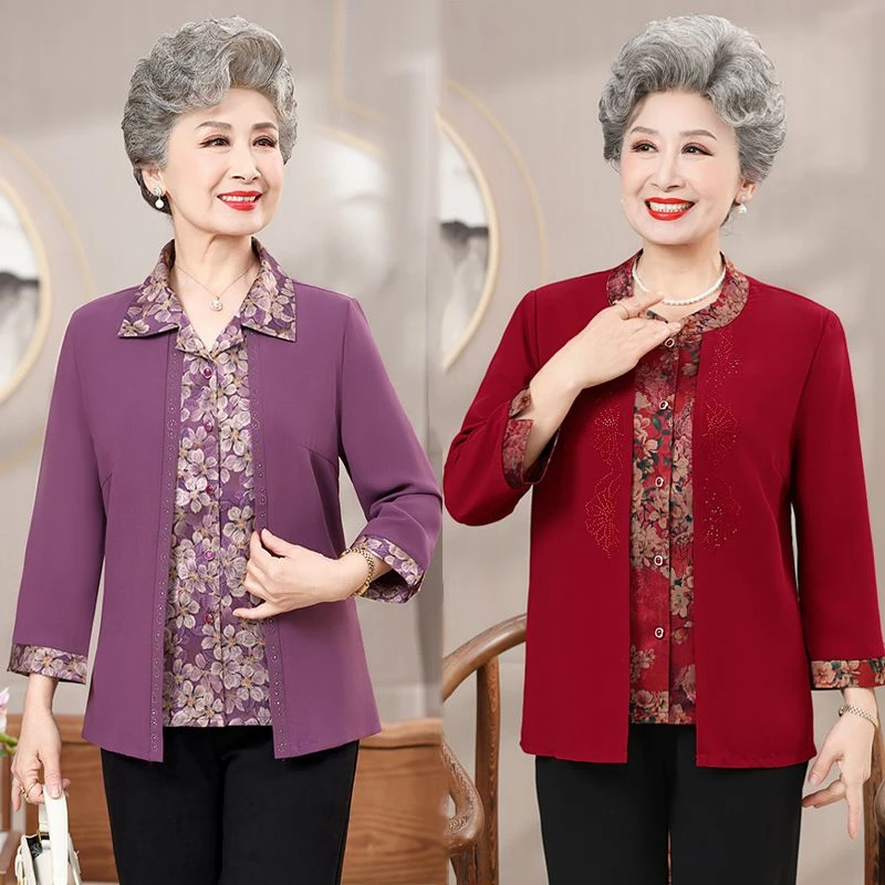 中老年女装衬衫奶奶装宽松假两件春夏中国风上衣新中式百搭妈妈装