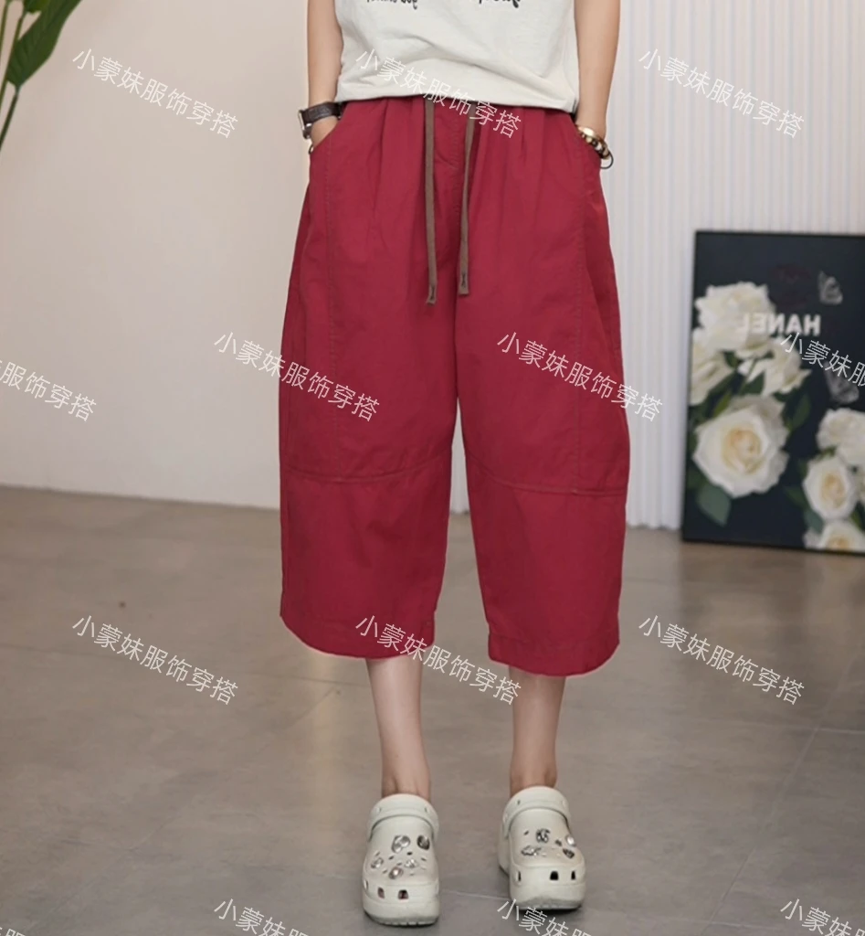 2025年夏季新款松紧腰七分裤休闲百搭抽绳高腰显瘦休闲宽松哈伦裤