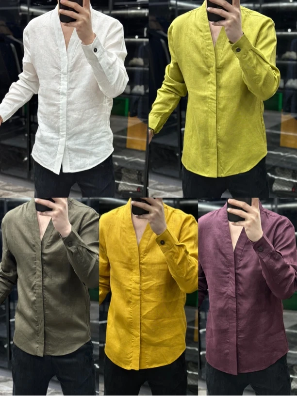 新款男士青果领亚麻衬衫8035