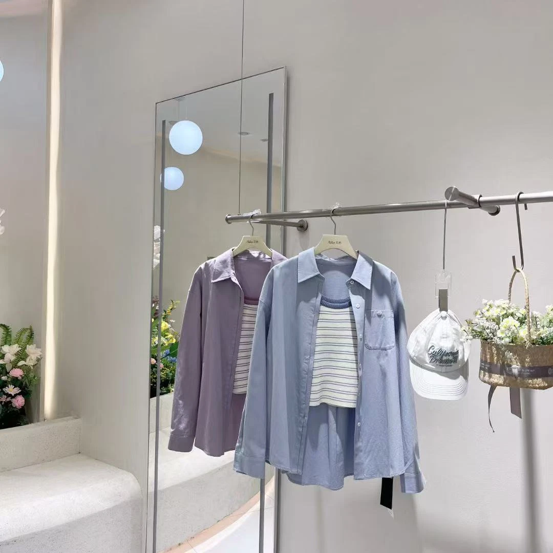 艾然  5a9156春季新款翻领长袖中长款＋条纹针织吊带两件套女