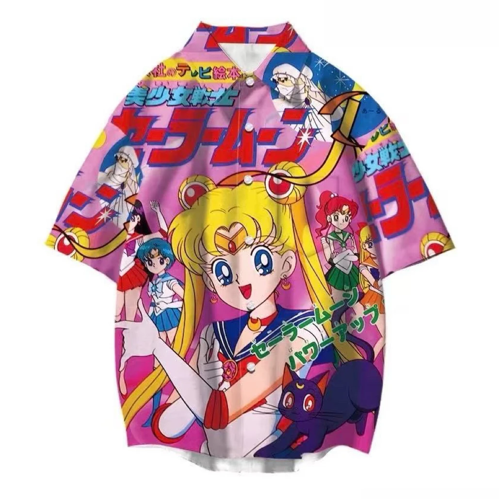 美少女卡通可爱元气少女花衬衫来图制作情侣装亲子装度假短袖