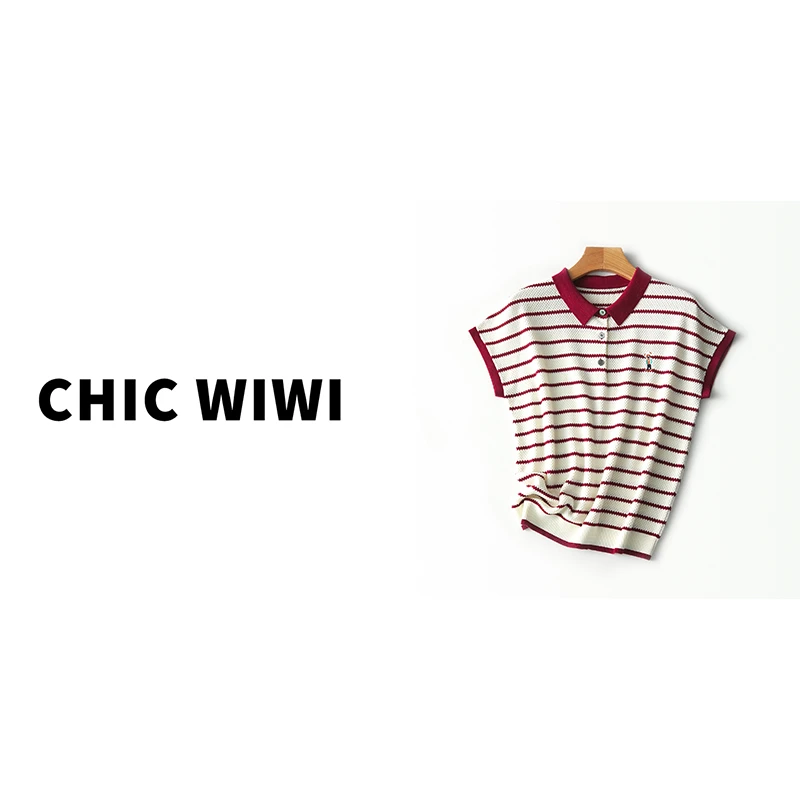 CHIC WIWI 夏季刺绣小熊撞色条纹蝙蝠POLO领针织上衣ZY025285