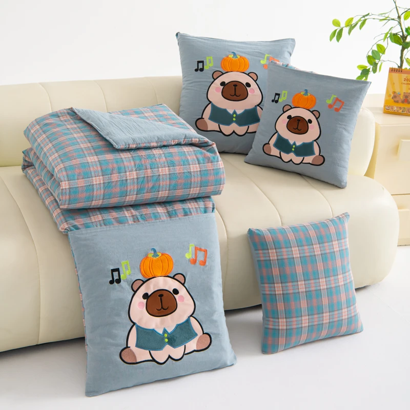 全棉口袋抱枕被纯棉多功能折叠两用二合一汽车载靠垫夏被午休四季