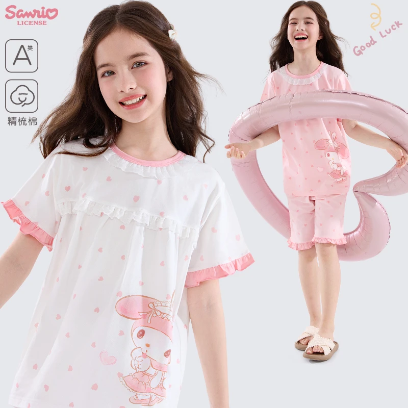 美乐蒂女童睡衣2025新款夏季儿童短袖睡衣中大童卡通家居服薄款