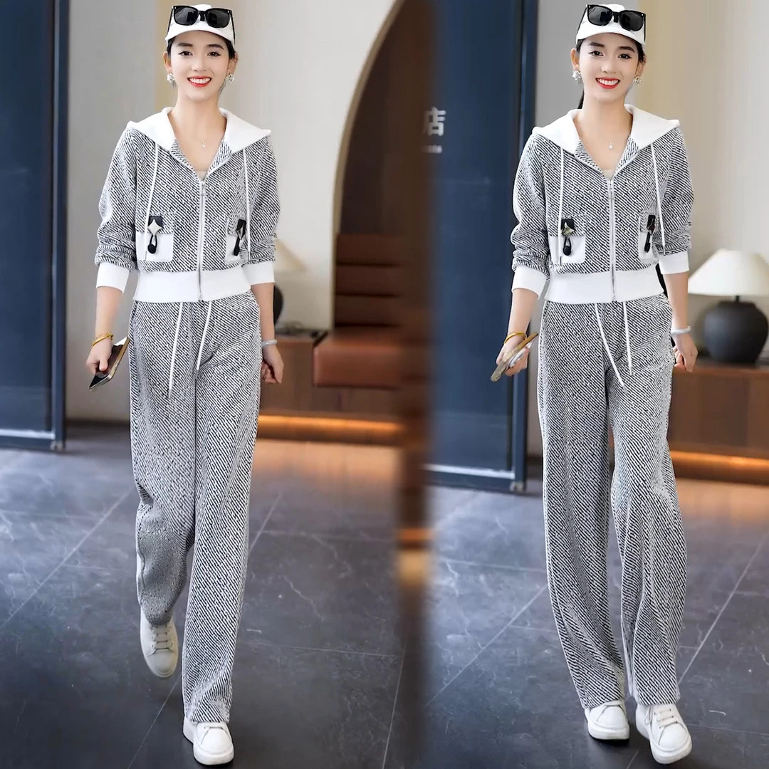 韩系休闲风时尚套装宽松连帽斜纹运动韩版秋季春秋女装开衫套装潮