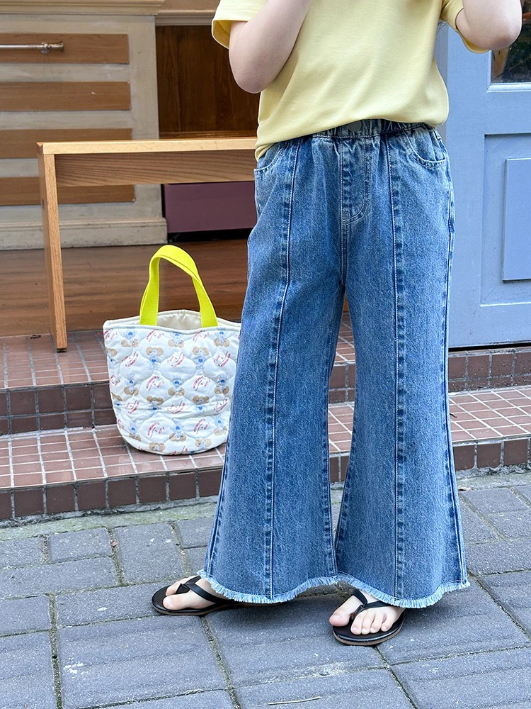 拉萨发货 儿童时髦百搭长裤子女童复古洋气毛须边拼接喇叭牛仔裤