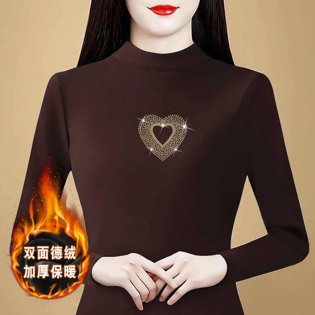 实拍 2025秋冬新款双面德绒加厚半高领长袖t恤内搭妈妈装上衣女