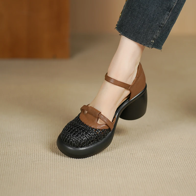 7公分编织羊皮时装凉鞋女法式圆头粗跟百搭复古厚底高跟拼色女鞋