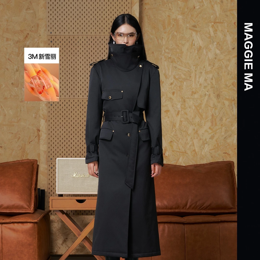 MAGGIE MA马婧设计师3M新雪丽棉衣黑色长款保暖风衣棉服外套728C