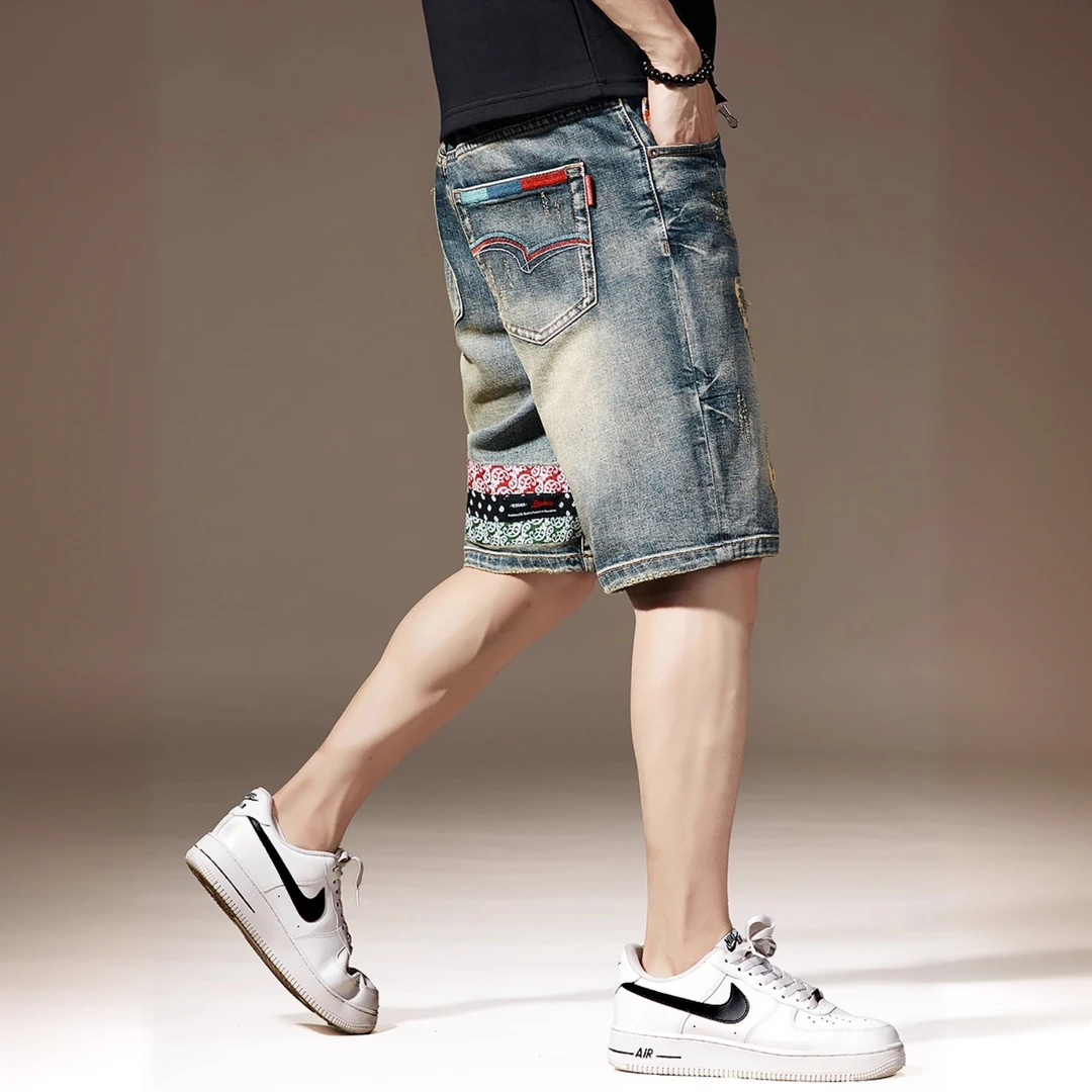 荷波撒纳温高端重工艺水洗民族绣花牛仔短裤美式复古直筒休闲破洞