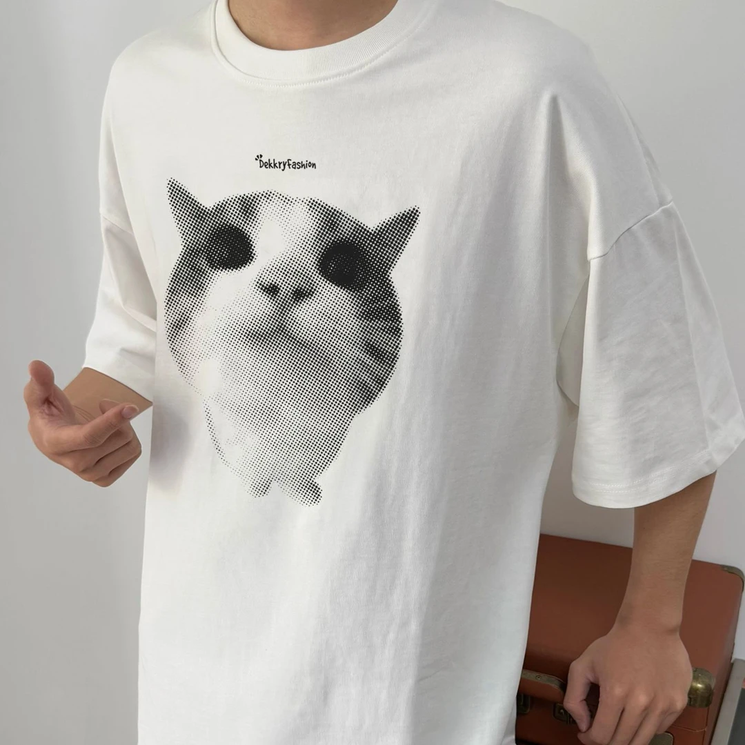 美式趣味网络小猫字母印花短袖男夏季休闲百搭纯棉T恤重磅上衣女