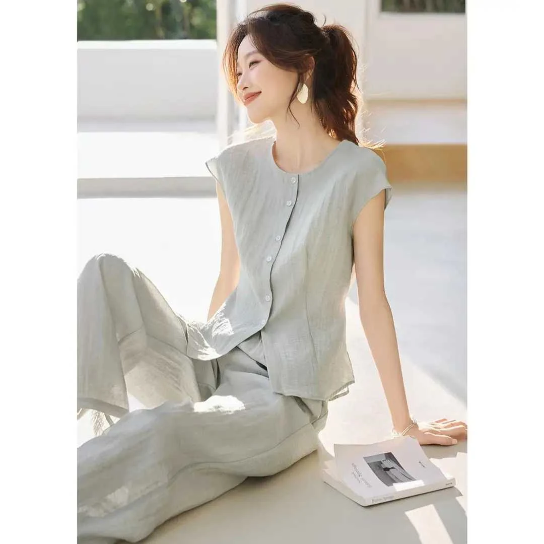 含亚麻轻通勤圆领松弛感无袖上衣长裤套装女2025夏新款休闲两件套