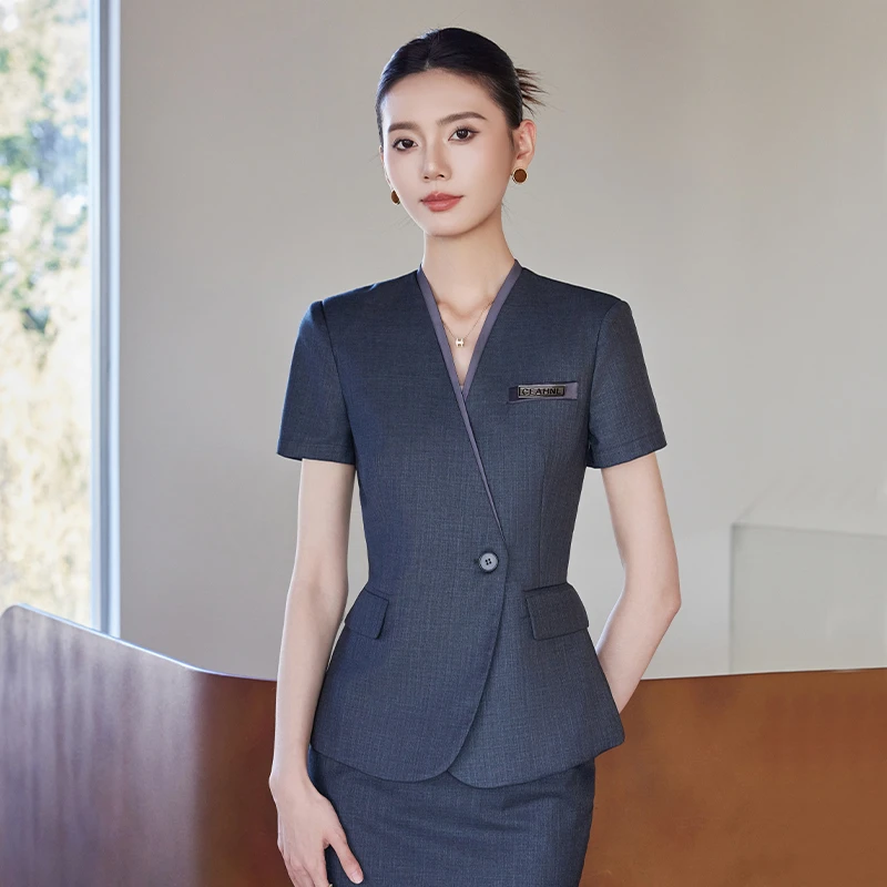 深灰色短袖职业西装套装女春气质高档会所工装酒店前台接待工作服
