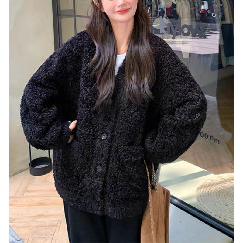 （女装）25071 高级感慵懒风简约百搭毛毛绒皮毛一体毛呢外套