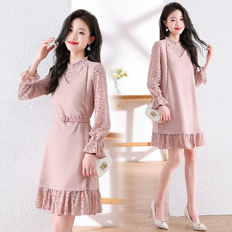法式针织拼接蕾丝连衣裙女2025春秋新款洋气减龄假两件中长款裙子