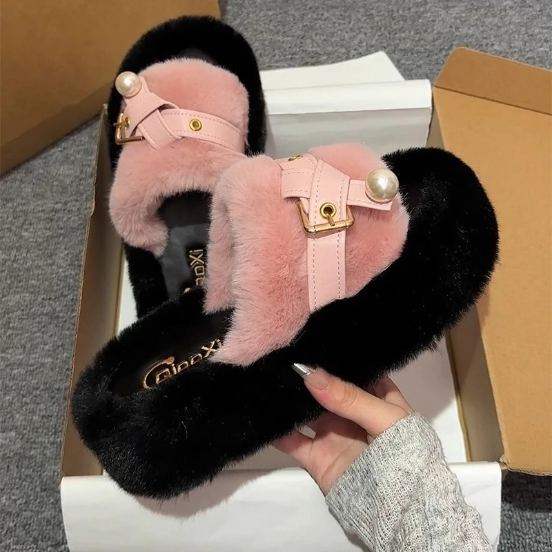 厚底增高6厘米小个子小码34毛毛拖鞋女外穿2025秋冬季一字棉拖鞋