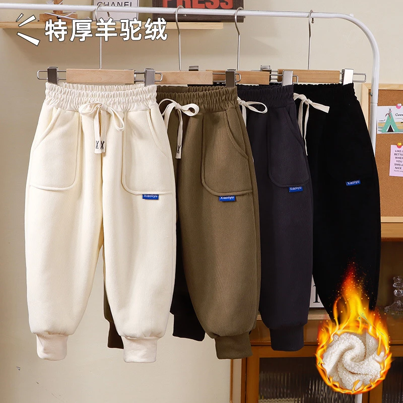 冬季儿童加绒裤子男童特厚灯芯绒长裤加厚宽松休闲裤保暖运动束脚