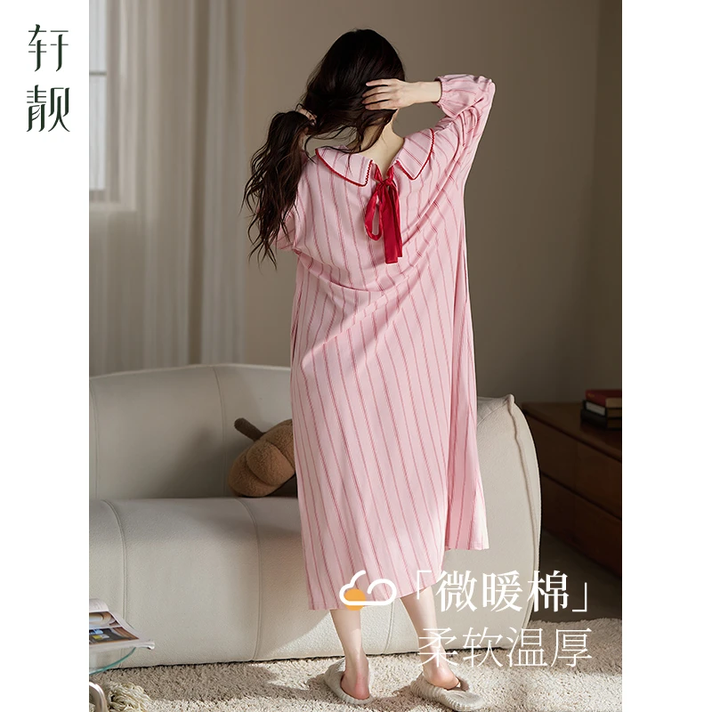 【纯棉】睡裙女士春秋季长袖睡衣条纹大码可外穿甜美家居服连衣裙