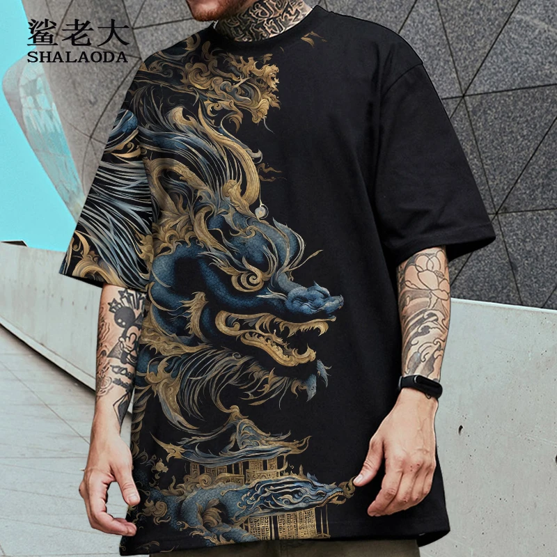 设计感小众龙印花短袖T恤男中国风落肩半袖夏季oversize休闲体恤