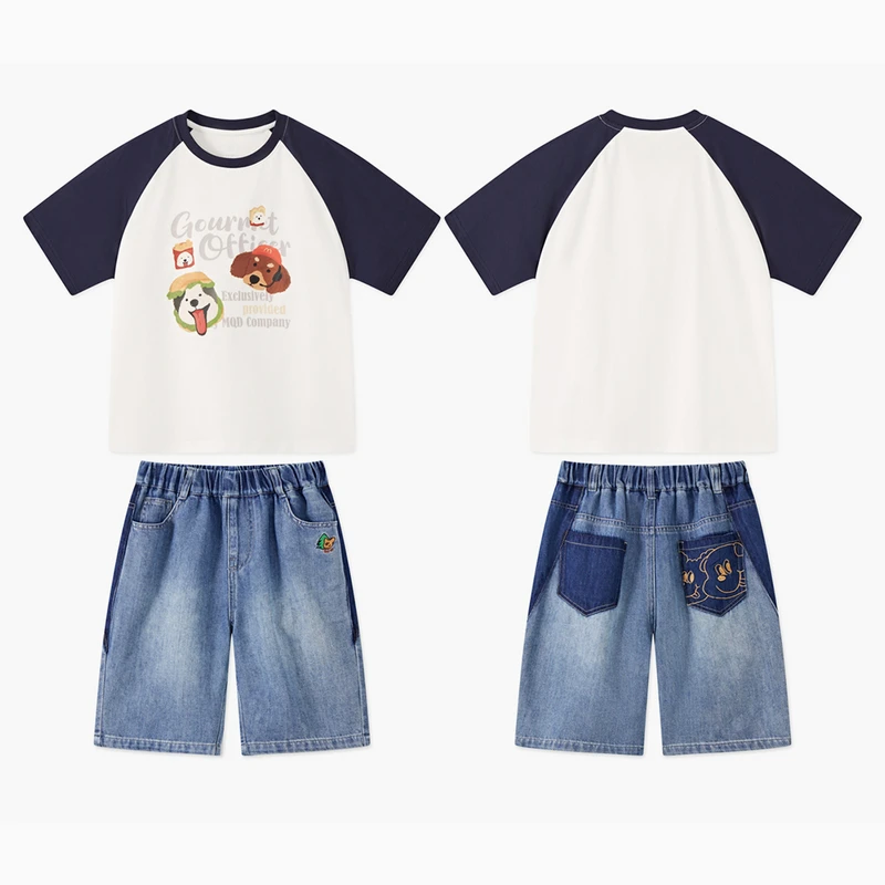 MQD童装25夏季学院风撞色拼接卡通休闲亲肤短袖T恤套装TCW0378E
