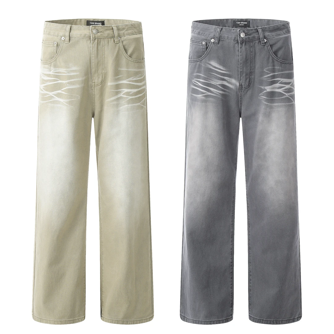 Highreward美式复古猫须牛仔裤情侣秋款做旧高街cleanfit直筒裤