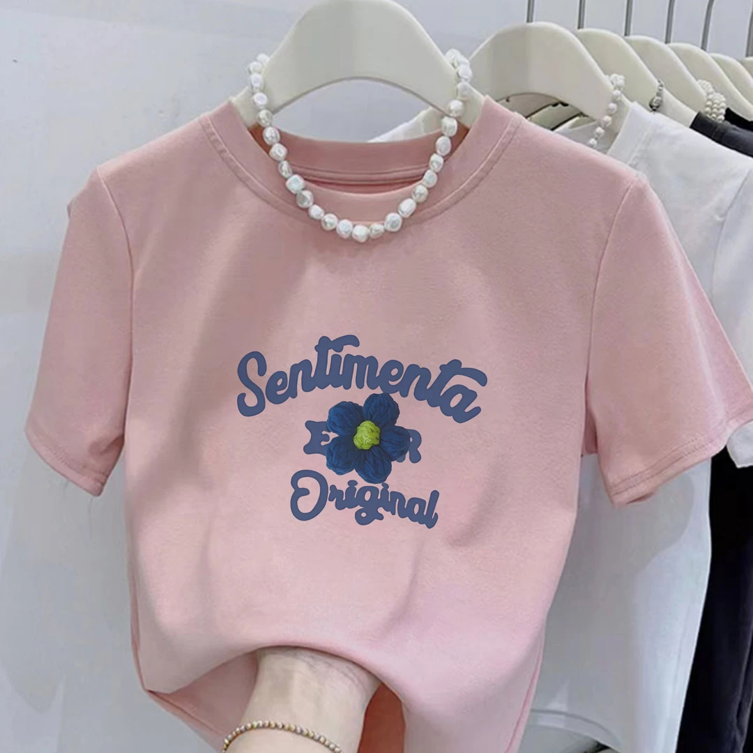 2025新款圆领蓝色毛线花朵印花纯棉短袖小个子女修身显瘦百搭上衣