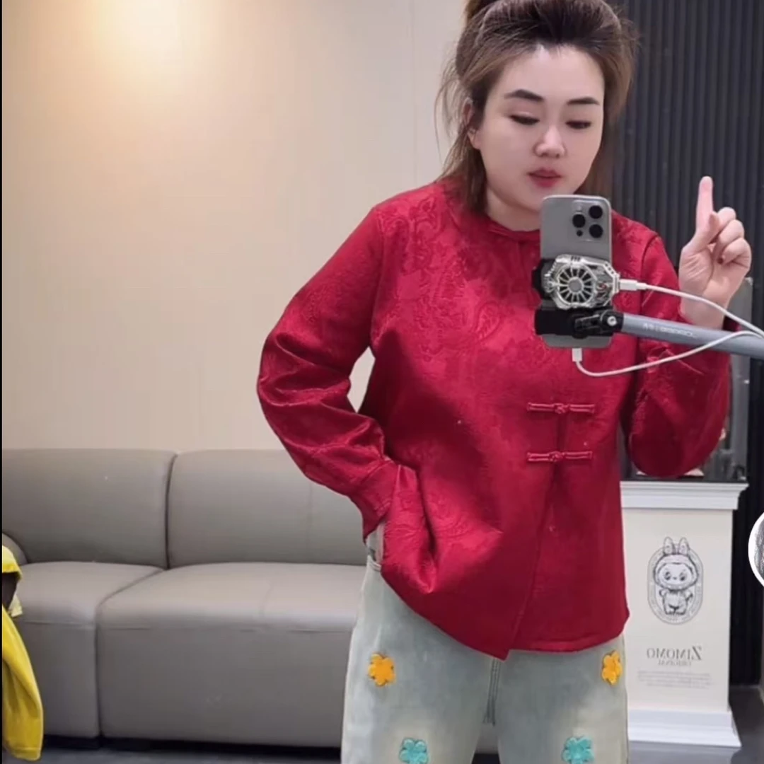 国风提花斜襟长袖衬衫女大码加绒复古百搭气质上衣秋冬新款