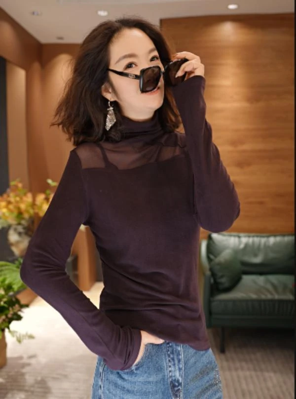 JIUER斜肩镂空微透露肩纱长袖T恤3168