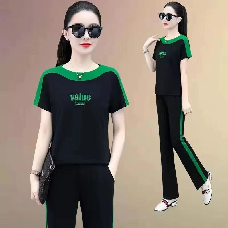 氨纶休闲夏季2024大码女装时尚两件套宽松斤运动套装女显瘦韩版30