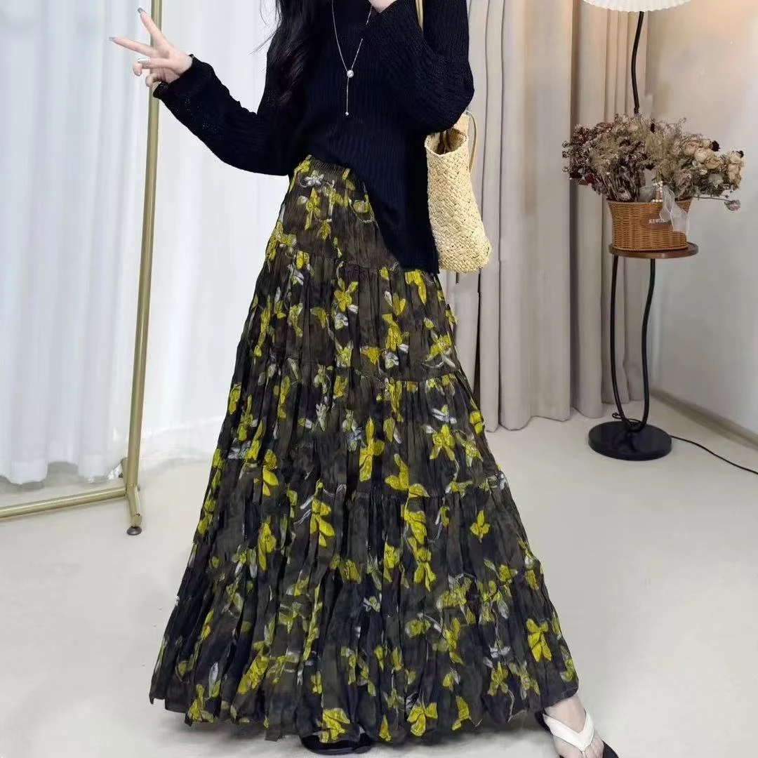 半身裙碎花显瘦气质高腰时尚百搭黑色法式长款百褶裙子复古洋气