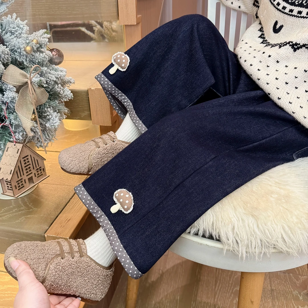 韩版女童阔腿裤冬装2025新款儿童洋气圆点蘑菇牛仔裤宝宝百搭裤子