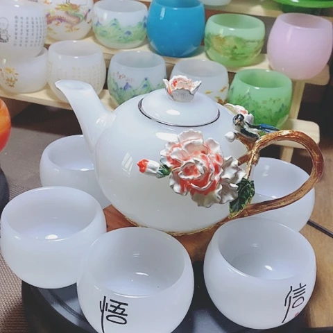 琉璃中式珐琅彩花开富贵一壶六杯礼盒套装