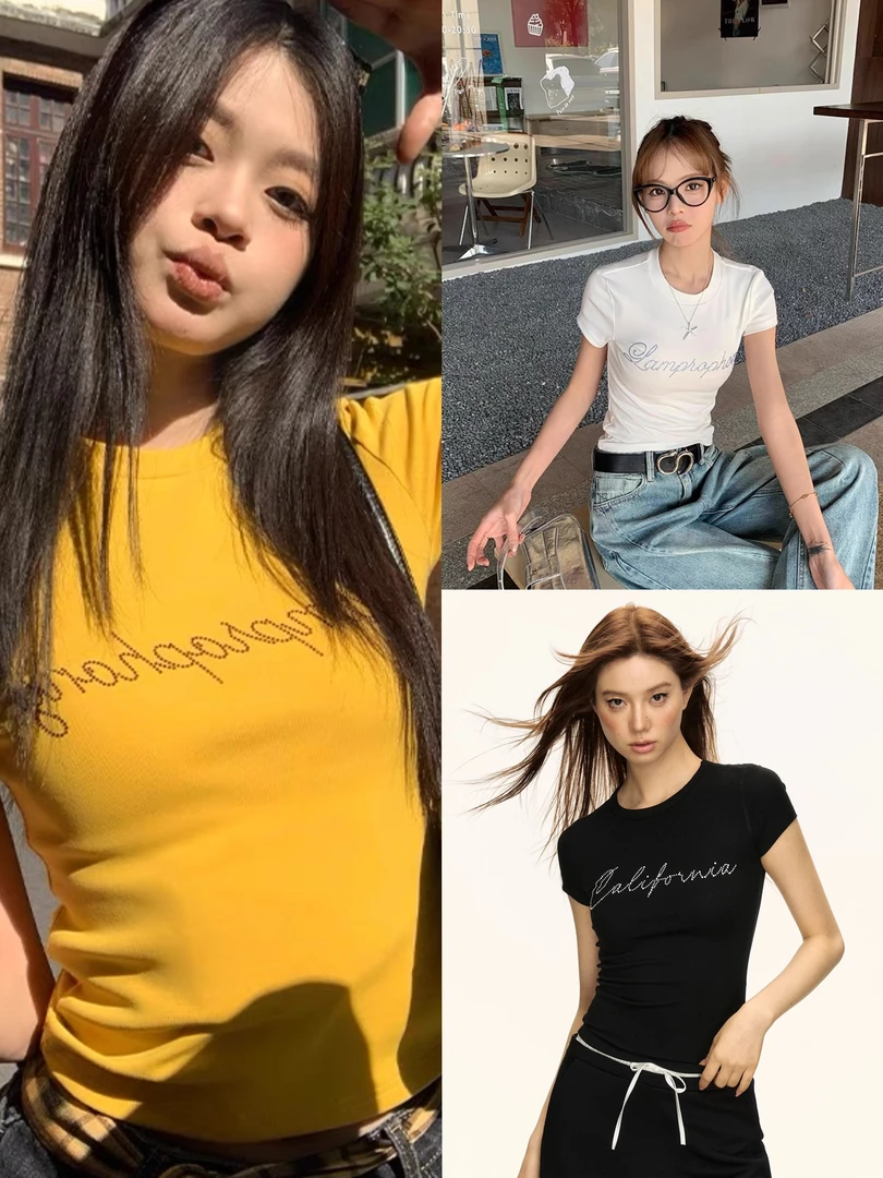 正肩短袖T恤夏季修身烫钻美式辣妹短款字母上衣#8815