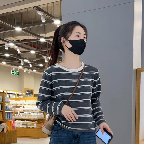 2025新款圆领针织衫女宽松长袖上衣天丝亚麻内搭打底衫条纹外穿潮