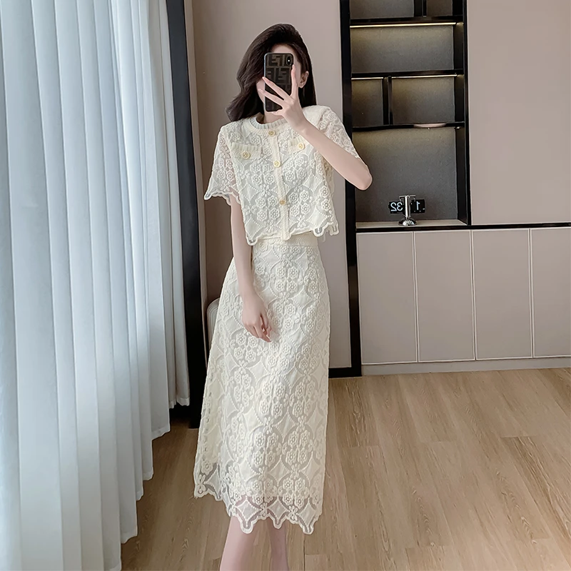 连衣裙名媛风短袖上衣高腰半身裙两件套网红夏季新款裙子套装女