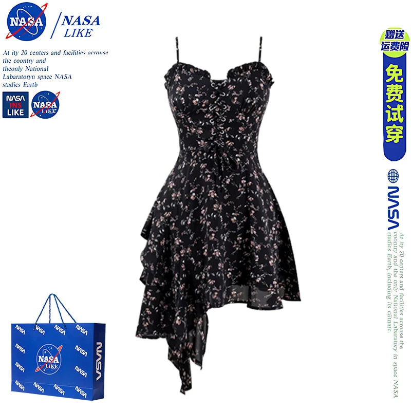 NASA纯欲辣妹暗黑碎花吊带裙连衣裙女夏季设计感不规则度假风裙子