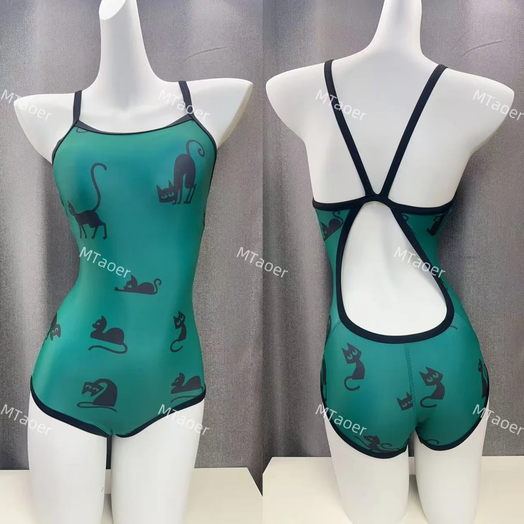 MTaoer【绿色小野猫】成人女士夏季保守遮肉显瘦三角竞速游泳衣