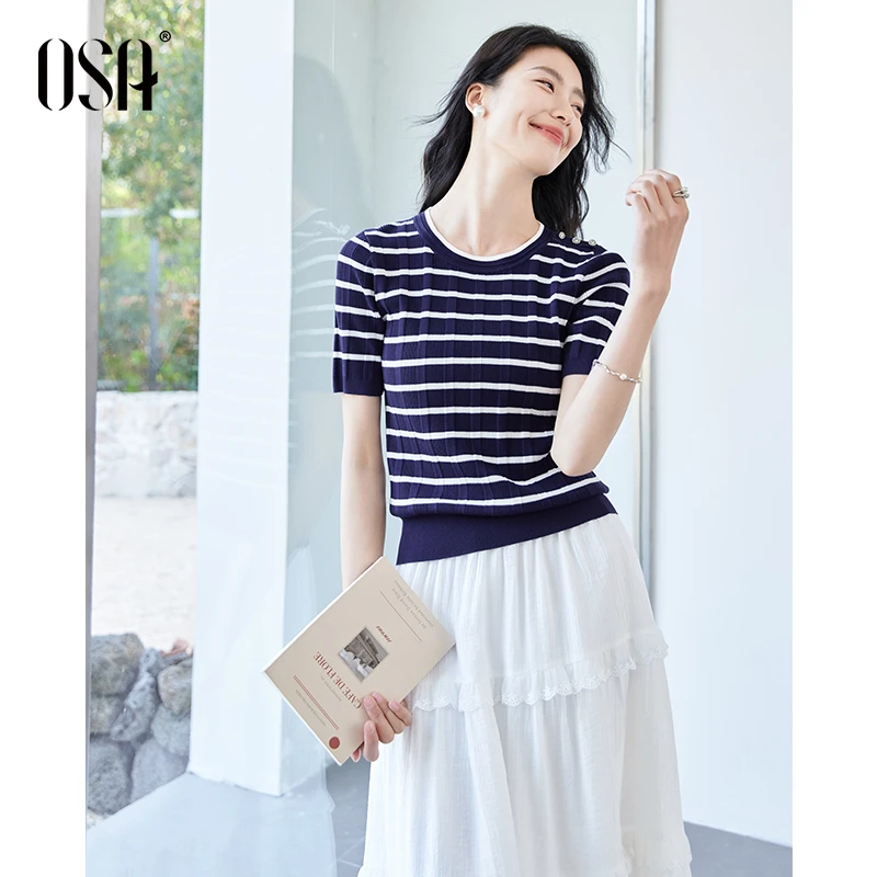 OSA/欧莎 法式撞色条纹薄针织衫女冰丝圆领正肩上衣S125B16012