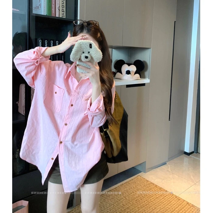 慵懒粉色polo领长袖衬衫女秋季中长款宽松衬衣设计感上衣开衫外套